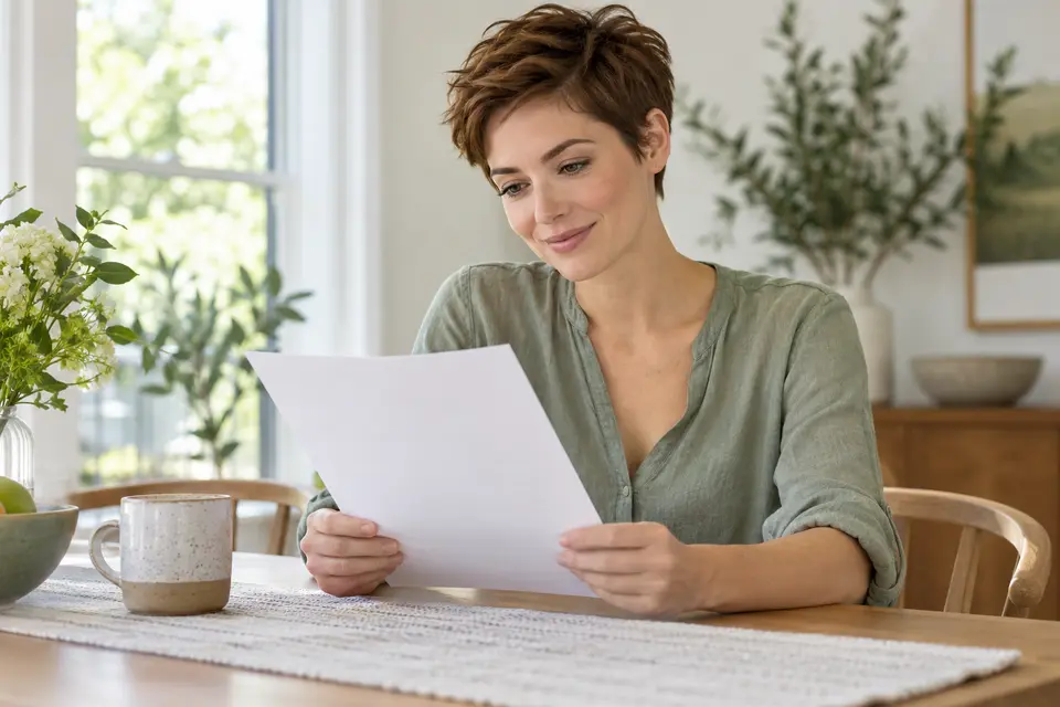A woman reviewing a printed sheet at home