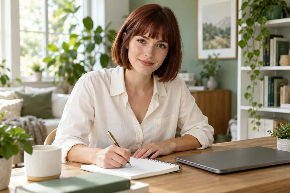 A woman making notes at a home desk