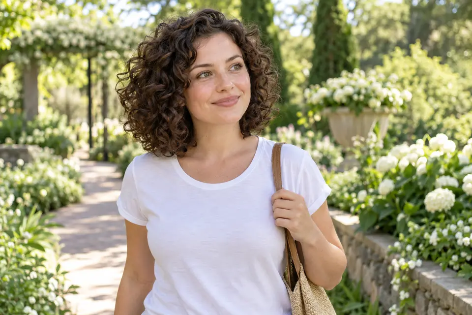 A woman strolling through a botanical garden