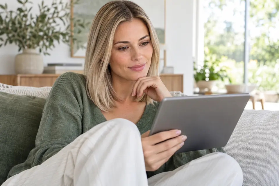 A woman reading on a tablet in a bright room