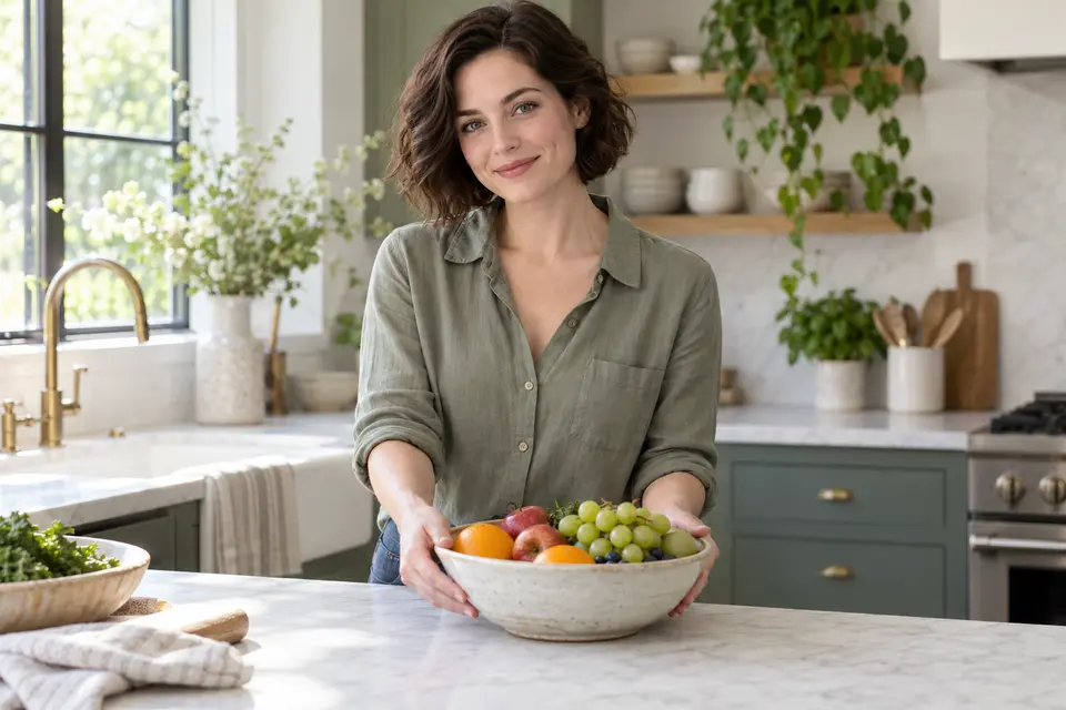 A woman setting fruit on a kitchen counter