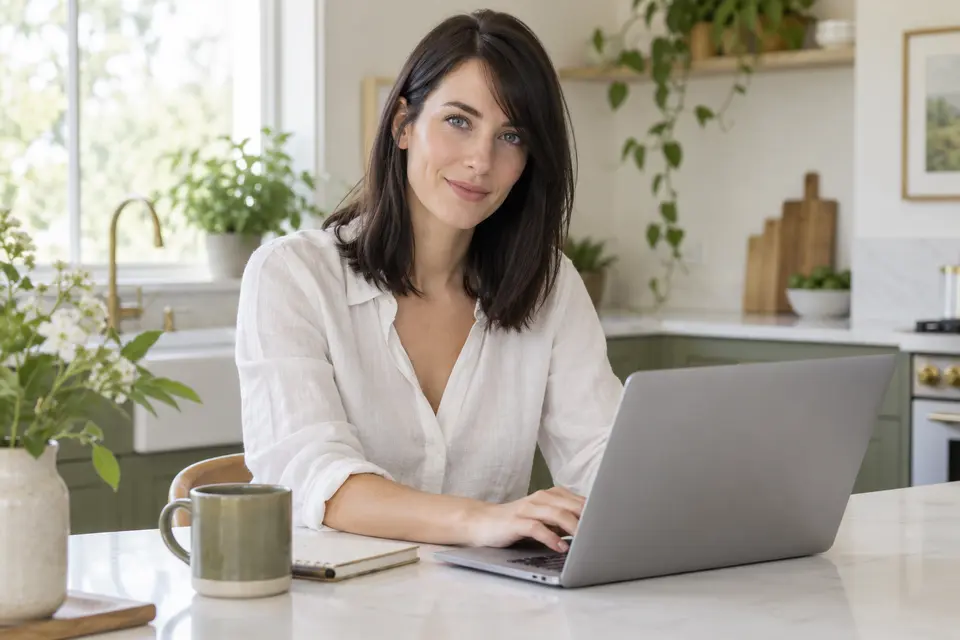 A woman using a laptop at a kitchen table