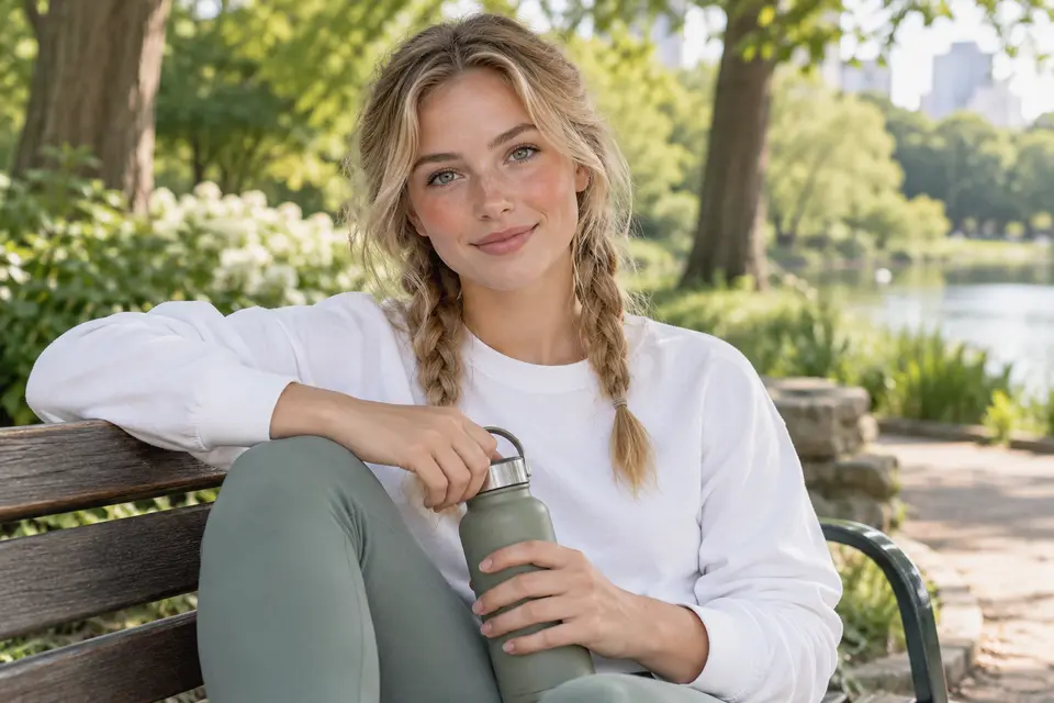 A woman resting on a park bench with a water bottle