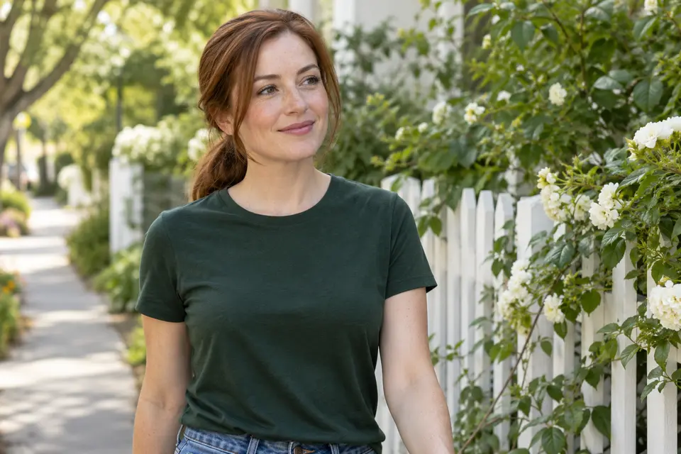 A woman walking beside a garden fence