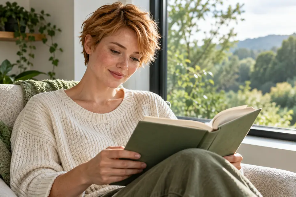 A woman reading beside a window overlooking greenery