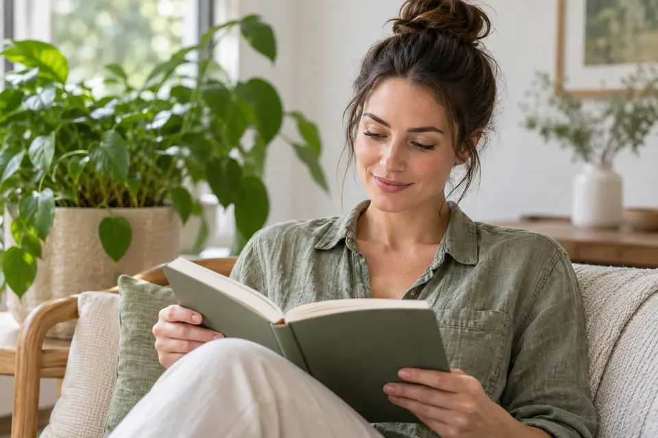A woman reading a notebook at home