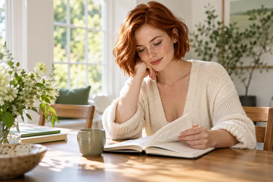 A woman reviewing notes at a sunny dining table