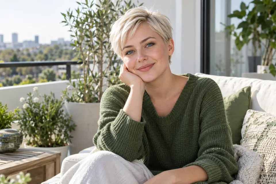 A woman relaxing on a balcony beside plants