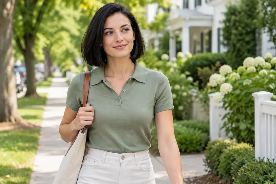 A woman walking through a leafy neighborhood
