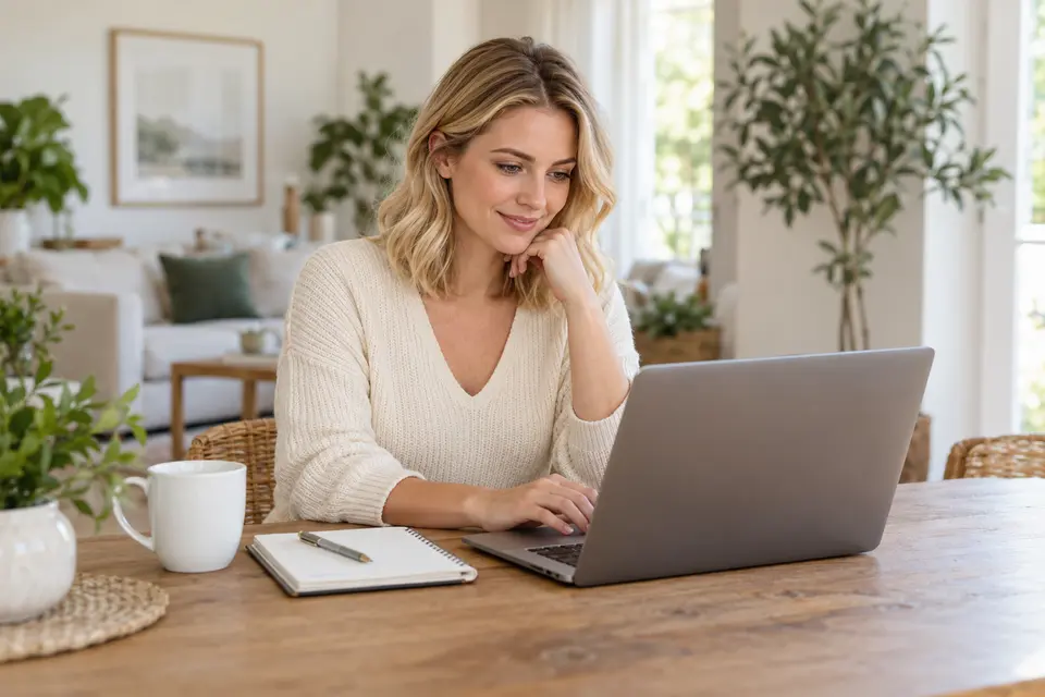A woman using a laptop at home beside her notebook