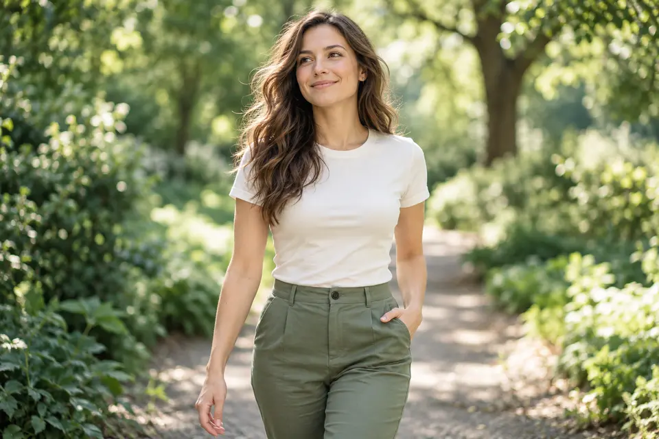A woman enjoying a walk on a leafy park path